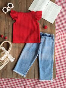 SHEIN Vintaside Kids 2pcs/Set Baby Girls Outfit, Includes Red Round Neck Cap Sleeve Top And Cherry Embroidered Denim Pants, Sweet Style, Versatile For Everyday Wear, Outdoor Play, Indoor Comfort And Casual Gathering