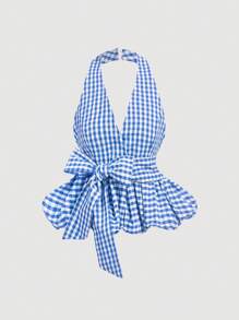 SHEIN MOD Blue And White Plaid V-Neck Halter Neck Bubble Hem Women's Top With Oversized Bow, Date Top, Picnic Top, Brunch Top, Party Wear,New Years Women,Y2k,Tube Top,Valentine Day,Goth,Club Women,Off The Shoulder Top,Wedding Guest Top Women,Cute Tops,Crop Tops Women - Blue and White - View 1