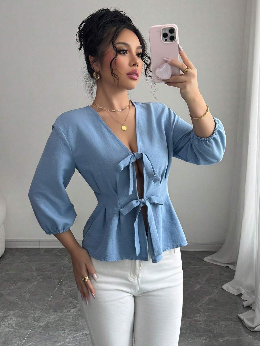 Elenzga Camisa elegante con mangas de farol atada al frente y en la cintura - Azul - Ver 1