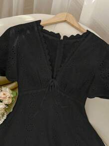 SHEIN VCAY Women's Summer Casual Solid Color Hollow Out Embroidery Mini Dress - Black - View 4