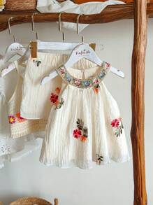Vintaside Kids Young Girl Summer Set, Floral Embroidery Sleeveless Top And Matching Shorts, Countryside Style, Suitable For Outdoor Activities, Daily Wear, Parties And Gatherings - Apricot - View 4