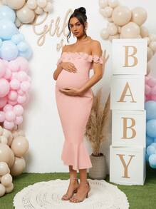Loomaby Off-Shoulder Floral 3D Maternity Dress For Gender Reveal Baby Shower Party