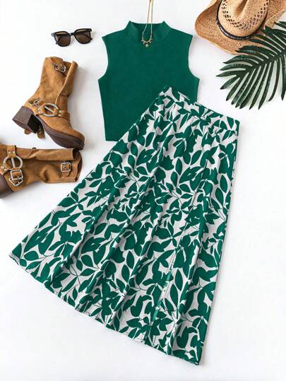 SHEIN Clasi Set de 2 piezas con parte superior sin mangas de unicolor y falda con cuello mao para mujer