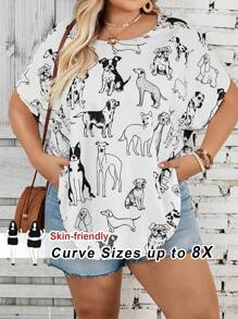 SHEIN CURVE+ Plus Size Dog & Bat Print Relaxed Casual Shirt For Vacation
