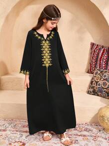 SHEIN Leap Crew Tween Girls Casual Vacation Print Loose Flowy 3/4 Sleeve Robe - Black - View 4