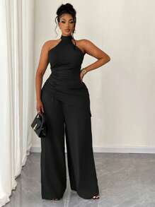Maweii Plus Size Women Solid Color Knit Halter Backless Asymmetrical Pleats Top And Wide Leg Pants Two Pieces Set - Black - View 4