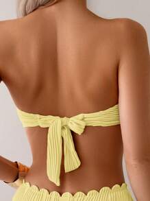 SHEIN Swim 2pcs Spring Break Solid Color Bandeau Halter Back Tie Seashell Decor Yellow Strapless Bikini Swimsuit For Women, Summer & Beach - Yellow - View 3