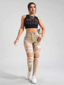 Casual Distressed Slim-Fit Denim Jeans - Khaki - View 3