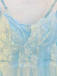 Eraneu Lace & Mesh Splice Front Slit Sexy Nightdress + Thong 2 Pieces Set For Women