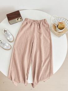 SHEIN LMoss Kids LMoss Tween Girl Textured Fabric Loose Wide Leg Pants With Drawstring Elastic Waistband - Pink - View 3