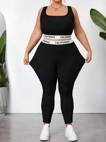 SHEIN CURVE+ Women's Plus Size Black Knitted Sporty Crop Top And Skinny Leggings Two Pieces Set