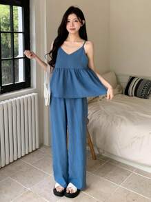 DAZY 2pcs/Set Women Summer Casual Solid Color Camisole And Long Pants,Ruffle