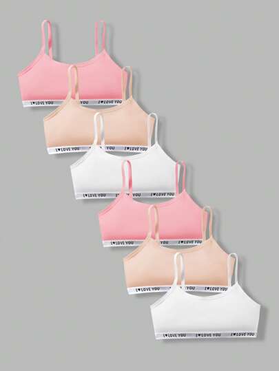 SHEIN 6pcs Tween Girls Casual/Sports Minimalist Letter Print Stretchy Soft & Breathable Training Bras Set
