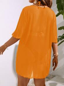 Swim Lushoire Plus Size Women Solid Color Round Neck Short Sleeve Slit Sides Cover-Up Dress For Summer Beach Vacation - Yellow - View 2