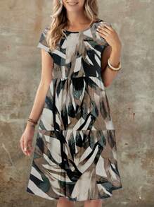 EMERY ROSE Vestito midi casual'e ampio con scollo rotondo e maniche corte, adatto per l'estate, da donna