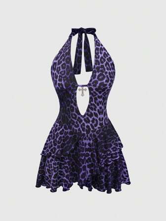 Kawaii Abito corto con stampa leopardata, cinturini a croce, stile sexy Harajuku Gal gotico, per donne