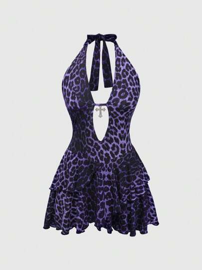Kawaii Women's Y2K Sexy Harajuku Gal Gothic Cross Strap Leopard Print Mini Dress