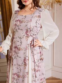 Modelyn Plus Size Women Floral Print Cinched Waist Square Neck Ruffle Hem Dress - Pink - View 4