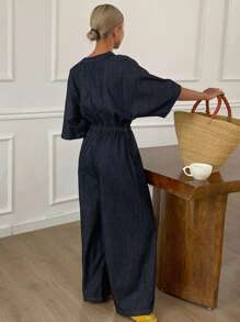 Livesso 女士圆领短袖连体裤，休闲都市街头牛仔连体裤 - 深色水洗藍 - 查看 5