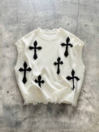 AXEPEAK Heren gebreid vest met ronde hals en gerafelde rand, streetwear-stijl