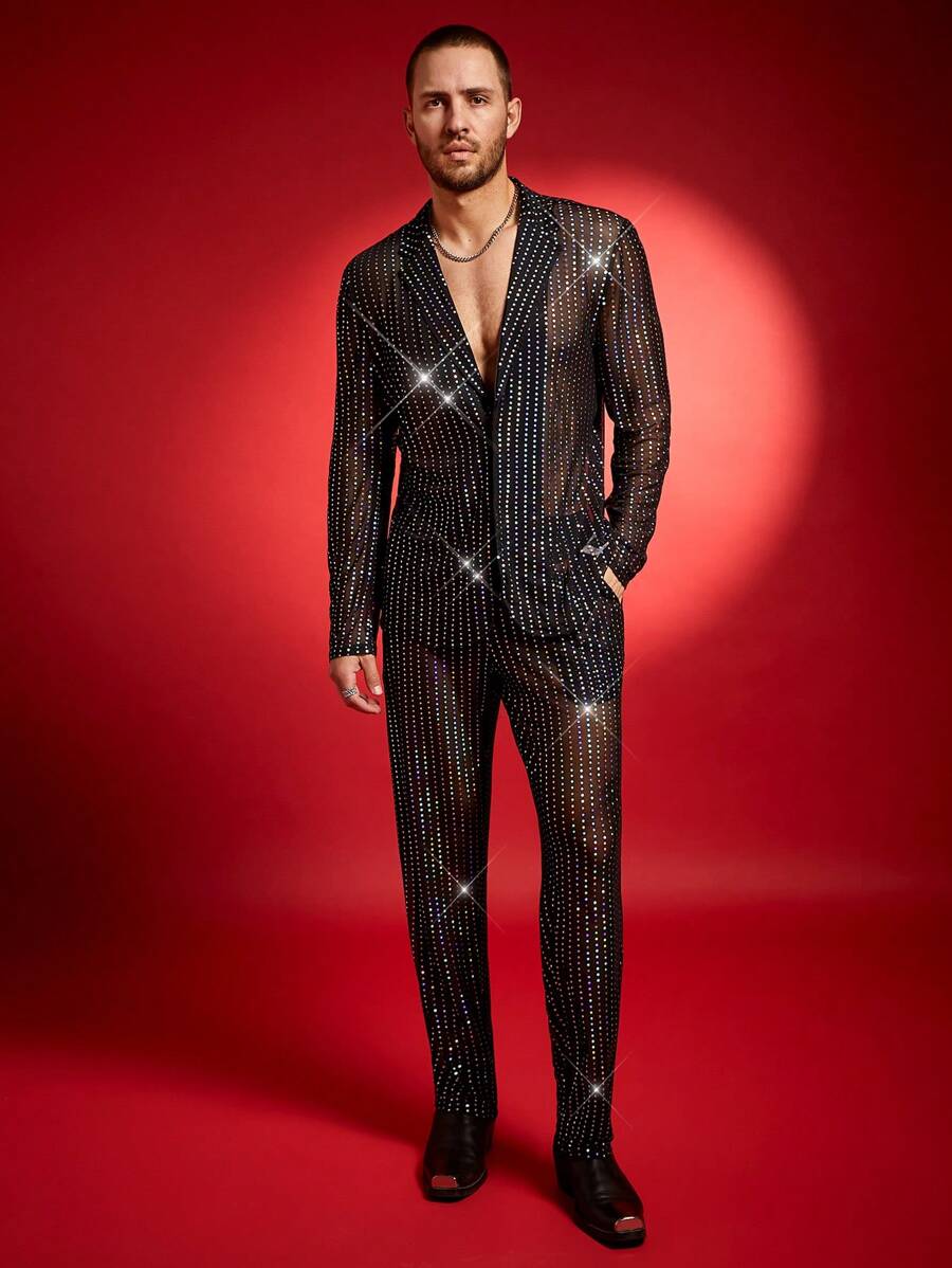 FeverCity Men's Mesh Patchwork Loose Fit Long Sleeve Suit Set - Black - View 1