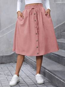 SHEIN LUNE Plus Size Women Blue Denim Effect Ruffle Hem Midi Length Loose Fit Skirt, Autumn - Pink - View 2