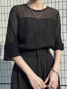 FRIFUL 女士网纱拼接圆领宽松优雅长袖衬衫 - 黑色 - 查看 7