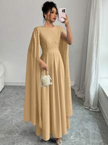 Elenzga Đầm dạ hội trang trọng đính ngọc trai sang trọng dành cho nữ - Màu Khaki - Xem 4