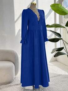 Flirla Plus Size Women Deep V-Neck Lace Patchwork A-Line Dress,Valentine - Blue - View 3