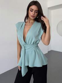 Firerie Women's Elegant Mint Green Summer Solid Color Ruched Waist Metal Buckle Bodycon Blouse,Minimalist Brunch Business Casual Shirt For Work,Daily,Wedding - Mint Green - View 5