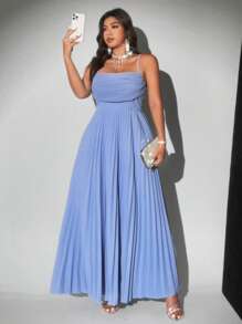 Viva Relle Vestido de línea A de color azul elegante con cuello drapeado para tallas grandes - Neblina azul - Ver 1
