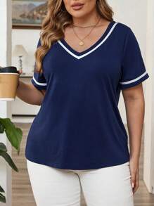 EMERY ROSE Große Größen V-Ausschnitt Kurzarm T-Shirt, einfach & modisch, geeignet für Sommer, Sommer für Frauen, Rave, Easter Curve, Country Konzert