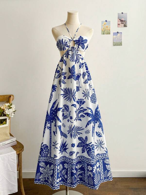 Soleia Robe longue avec col noué, imprimé tropical avec palmiers bleus et perroquets pour les vacances, bleu et blanc