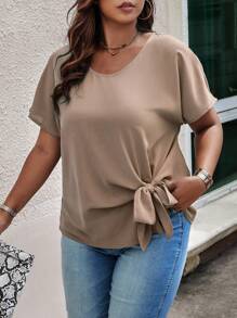 SHEIN LUNE Plus Size Solid Color Round Neck Bow Decor Short Sleeve Blouse BASICS - Khaki - View 4