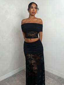 Glamine 蕾丝拼接修身半身裙，日常休闲装 - 黑色 - 查看 6