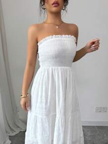 Elenzga 女士无袖荷叶边腰部镂空蕾丝拼接A字连衣裙，春夏款 - 白色 - 查看 2