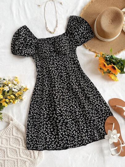 SHEIN WYWH 女士度假蓝底白色碎花圆点印花泡泡袖褶皱 A 字型侧开衩迷你连衣裙