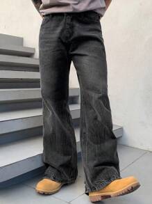 DAZY Men's Washed Striped Flare Leg Denim Jeans, Autumn/Spring - Black - View 1