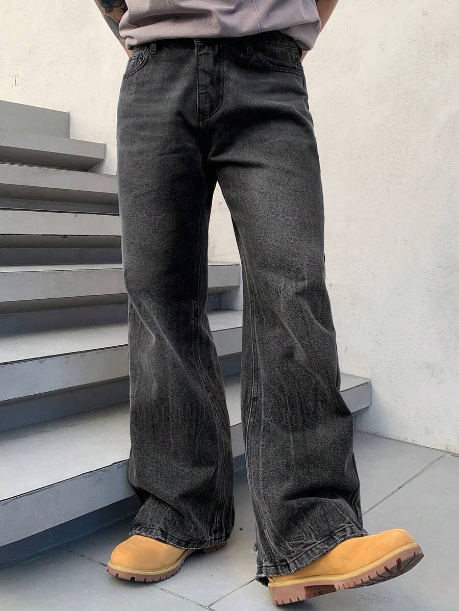 DAZY Men's Washed Striped Flare Leg Denim Jeans, Autumn/Spring - Black - View 1