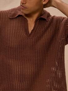 Musero Collared V-Neck Open Crochet Short Sleeved Polo Top - Chocolate Brown - View 4