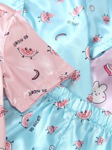 3件套：少女夏季可愛卡通西瓜、草莓、蛋糕、兔子印花緞面短袖鈕扣襯衫+短褲套裝 夏季短褲套裝 - 彩色 - 查看 5