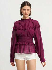 Revavyn 女士复古荷叶边袖雪纺衬衫 - 酒紅色 - 查看 5