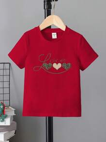 SHEIN Kleine Mädchen Rot Liebe & Leoparden Muster Rundhals Kurzarm T-Shirt