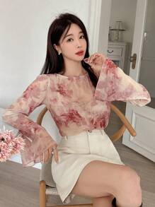 DAZY Blusa casual con maniche a campana e stampa floreale strutturata, adatta per primavera ed estate, top a maniche lunghe e trasparenti per donne, ideale per vacanze e Pasqua - Rosa - Visualizzare 3