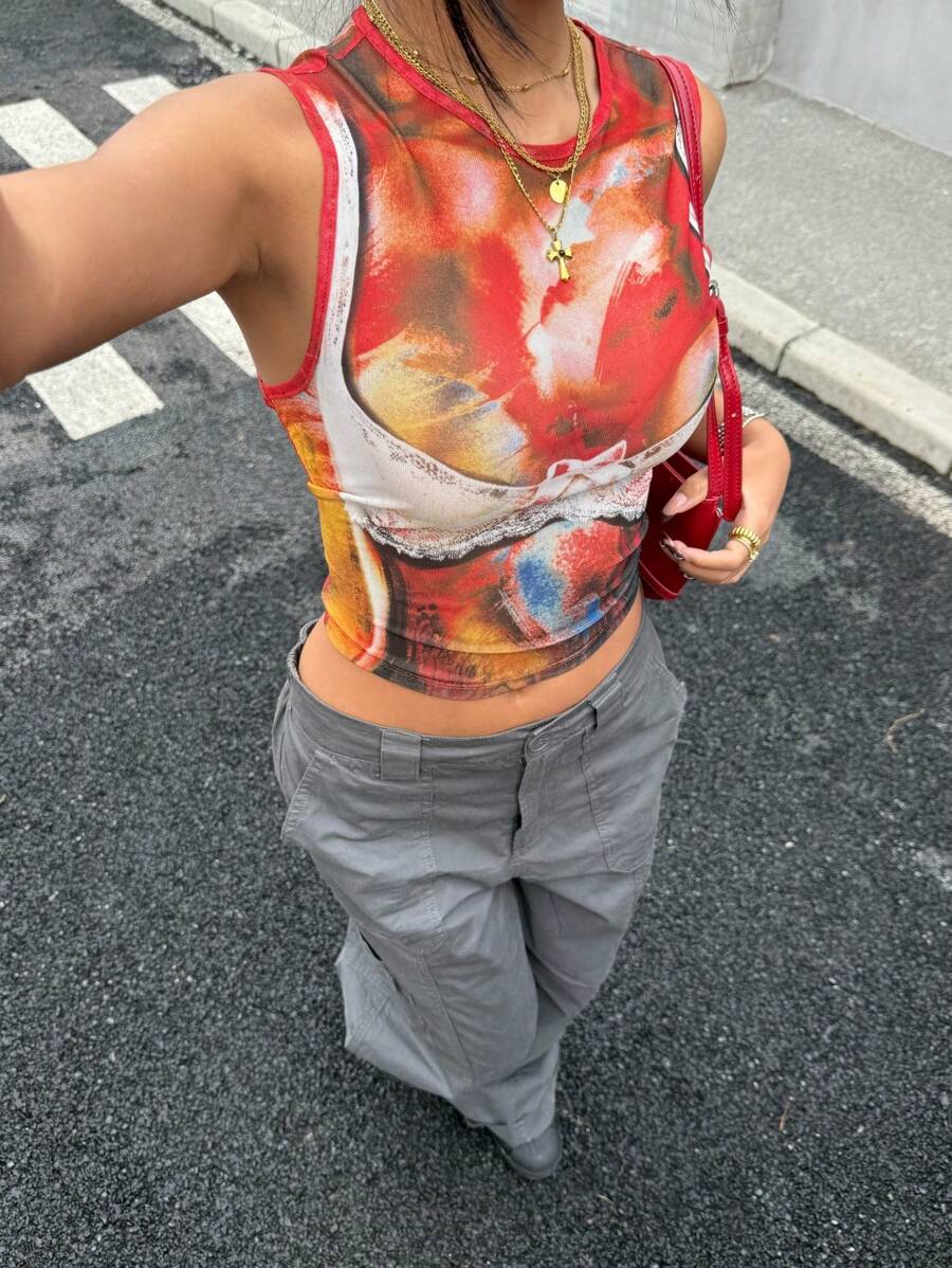 SHEIN EZwear Summer  Rave Outfits  All-Over Print Knitted Sleeveless Casual Tank Top For Women - Multicolor - View 1