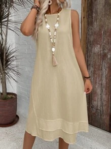 EMERY ROSE 夏季休闲纯棉无袖圆领 A 字裙白色连衣裙 - 卡其色 - 查看 9