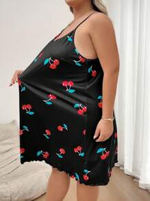 SHEIN CURVE+ 大码樱桃印花连衣裙，夏装 - 黑色 - 查看 7