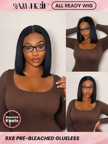 ALL READY WIG Parrucca a caschetto corto, capelli umani lisci, parrucca con trasparente lacca adesiva, 8-14 pollici, radici sbiancate, densità 180%, lunghezza spalle con riga centrale, colore nero naturale, per donna