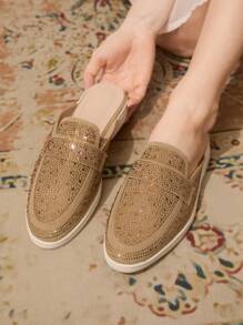 CUCCOO TILAWA Women's Fashionable Daily Casual Khaki Rhinestone Loafer Shoes - Khaki - View 9