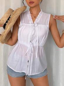 Breezaya Women's Vacation Style Sleeveless Ruffled Drawstring Tie Front Blouse, Bowknot Design - White - View 7